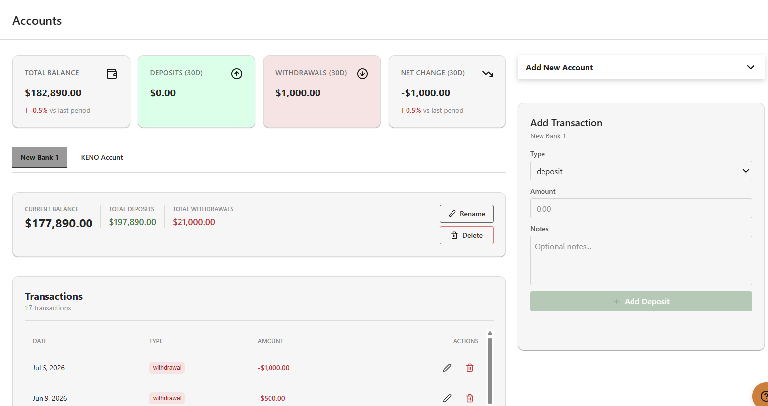 Bank accounts manager with balances, deposits and a transaction ledger