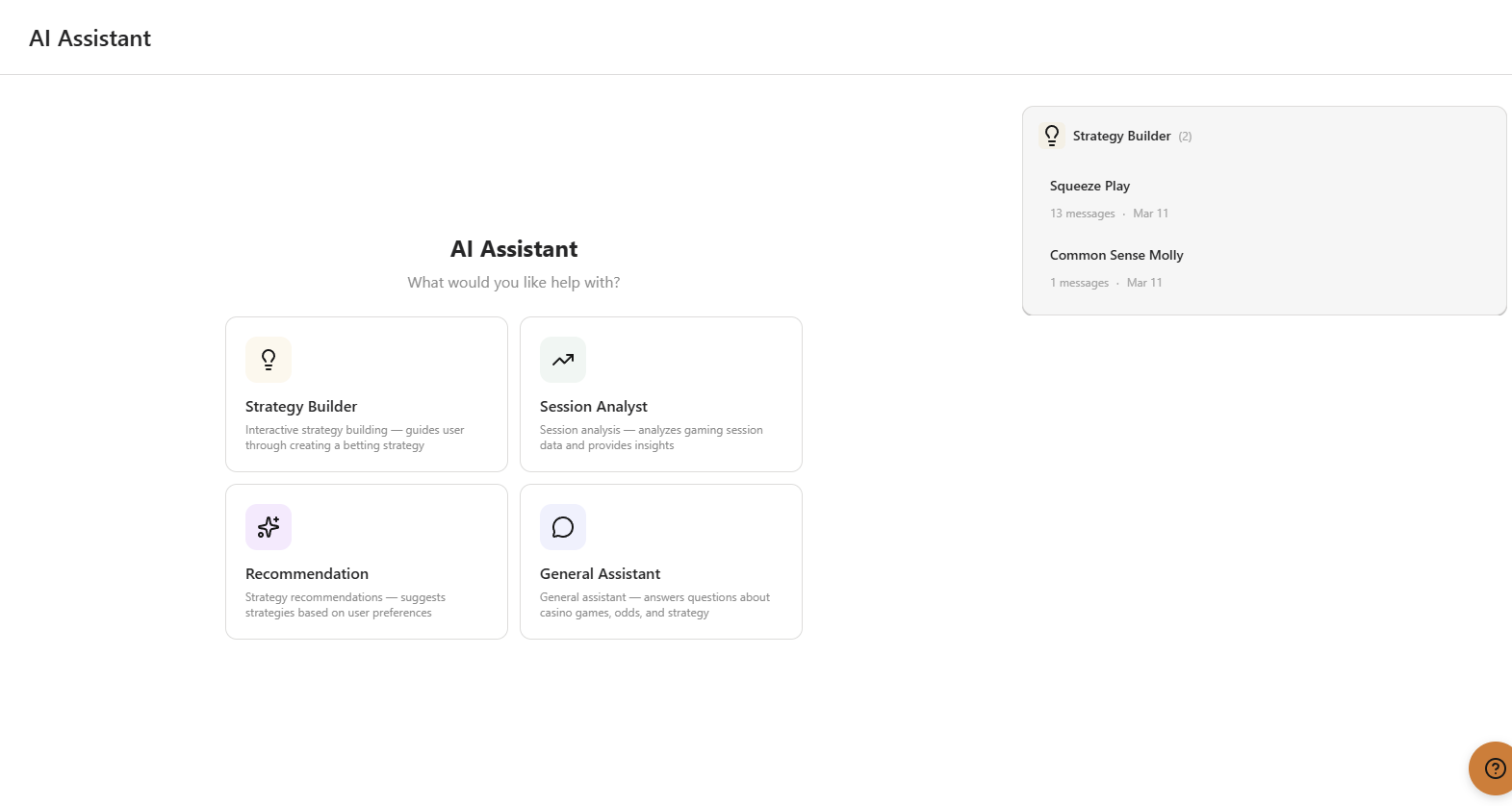 AI assistant with strategy builder, session analyst and recommendations
