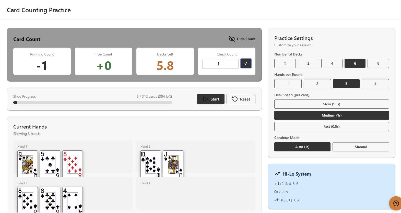 Card counting practice showing running count, true count and decks left