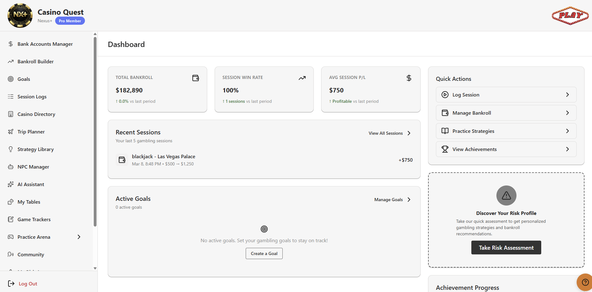 Nexus+ dashboard showing total bankroll, session win rate and quick actions