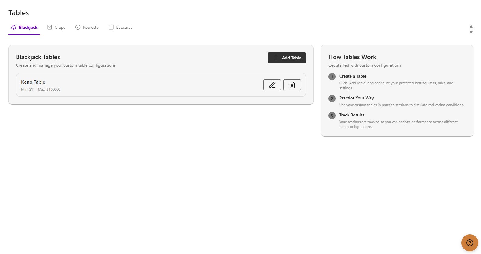 My tables listing saved custom table configurations