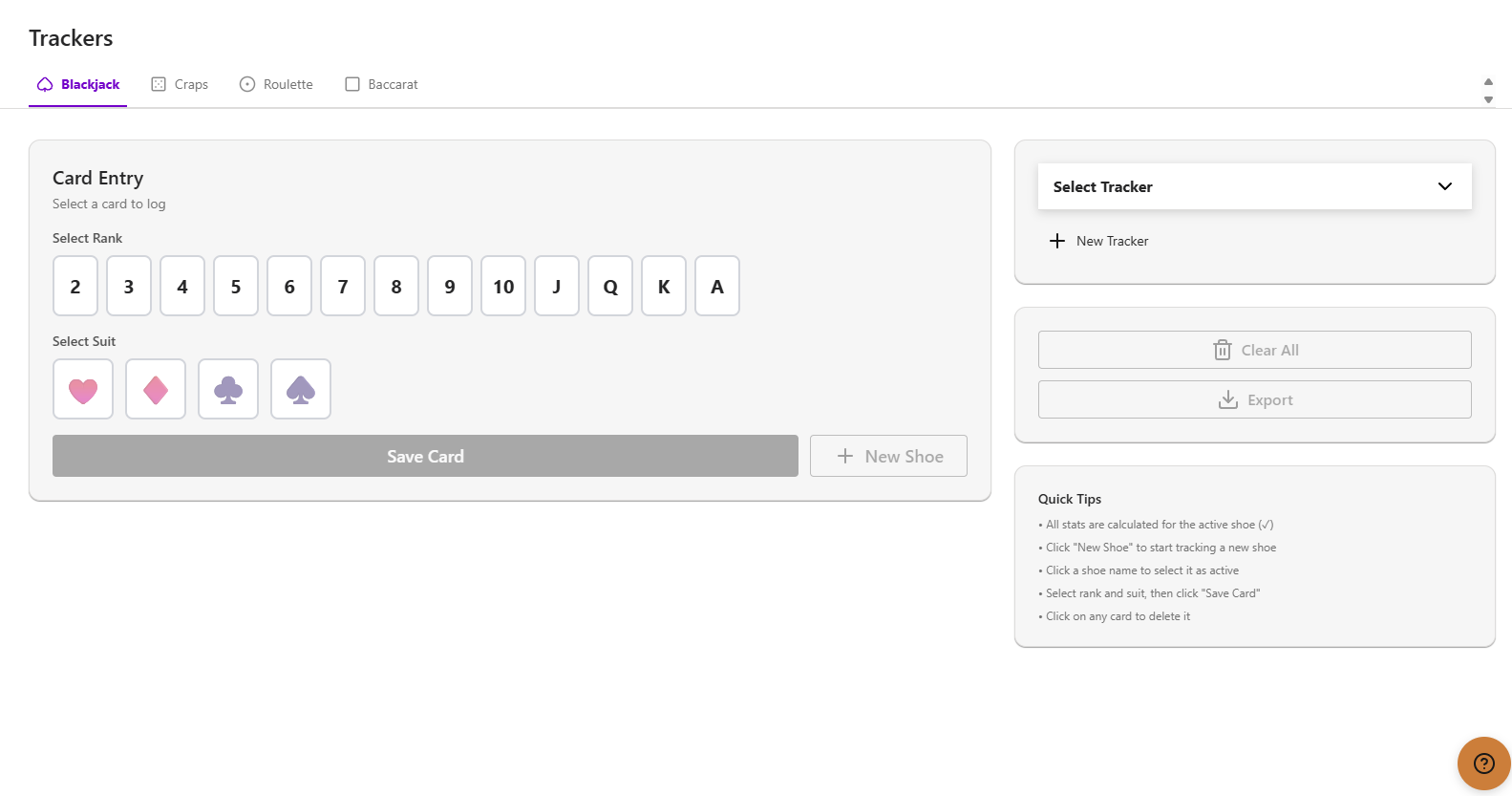 Game trackers card entry for a Blackjack shoe