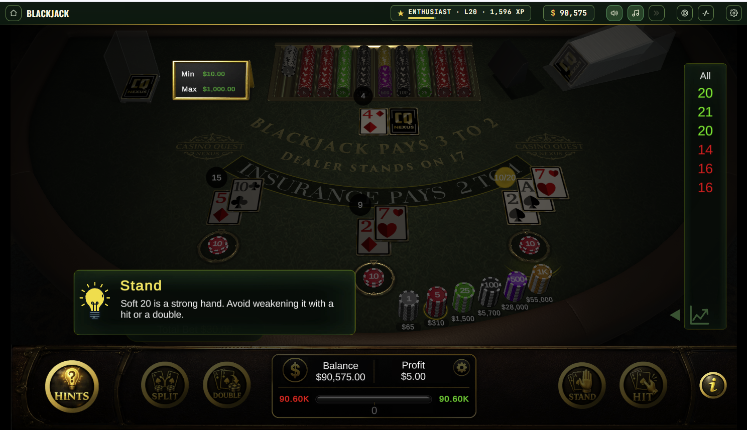 Live hint on a blackjack hand