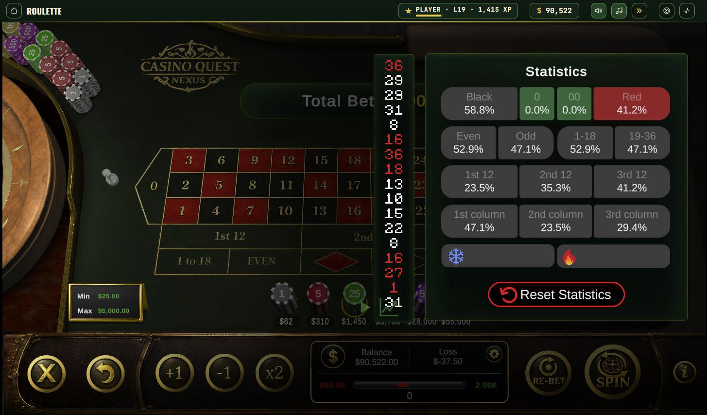 Roulette statistics panel