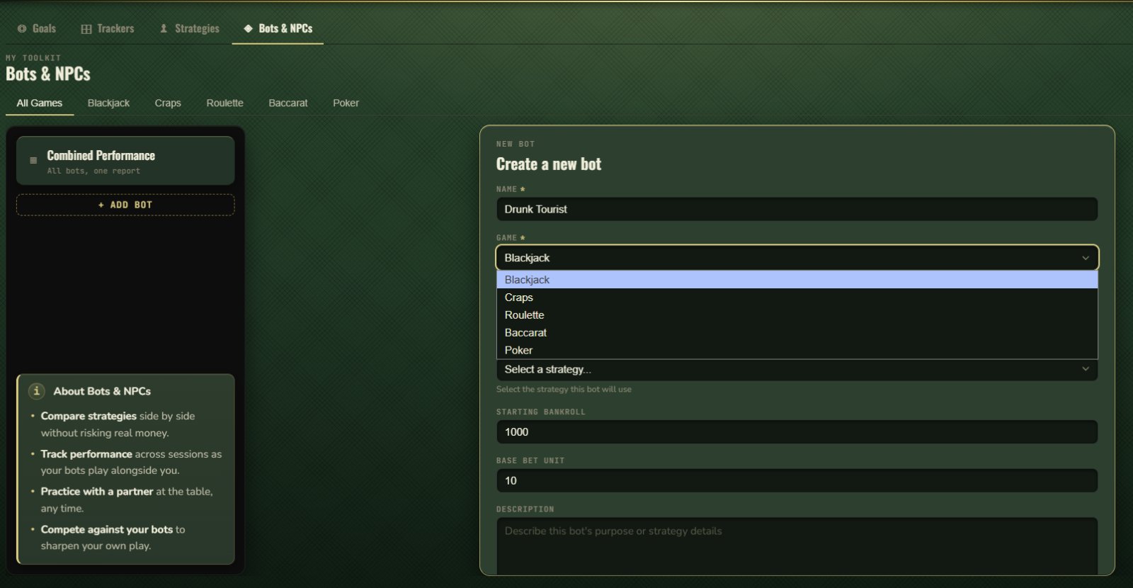 Create a new bot - name, game, strategy, starting bankroll and base bet unit