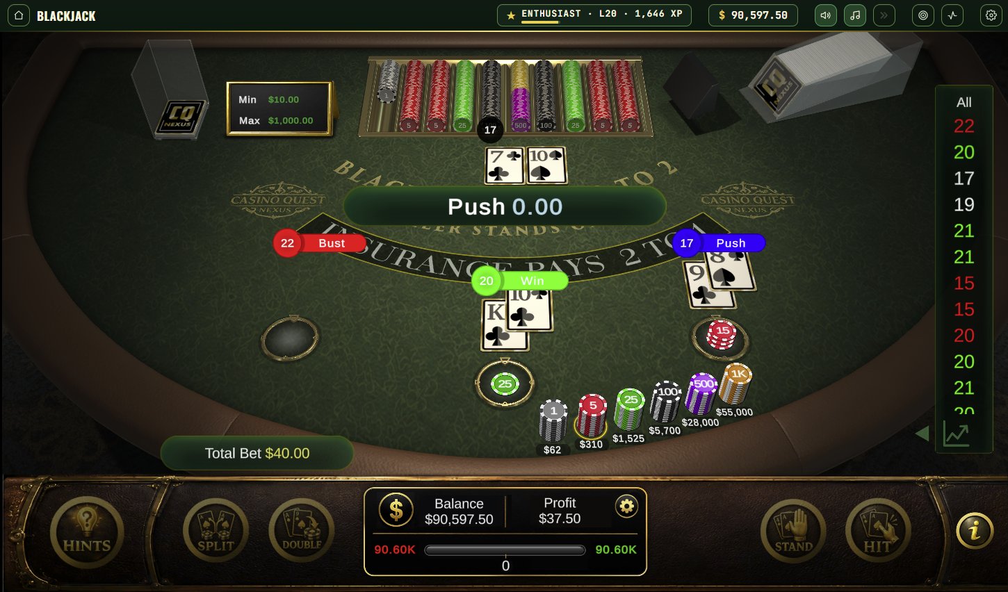 CQ Nexus Blackjack - three spots resolved, push, win and bust called