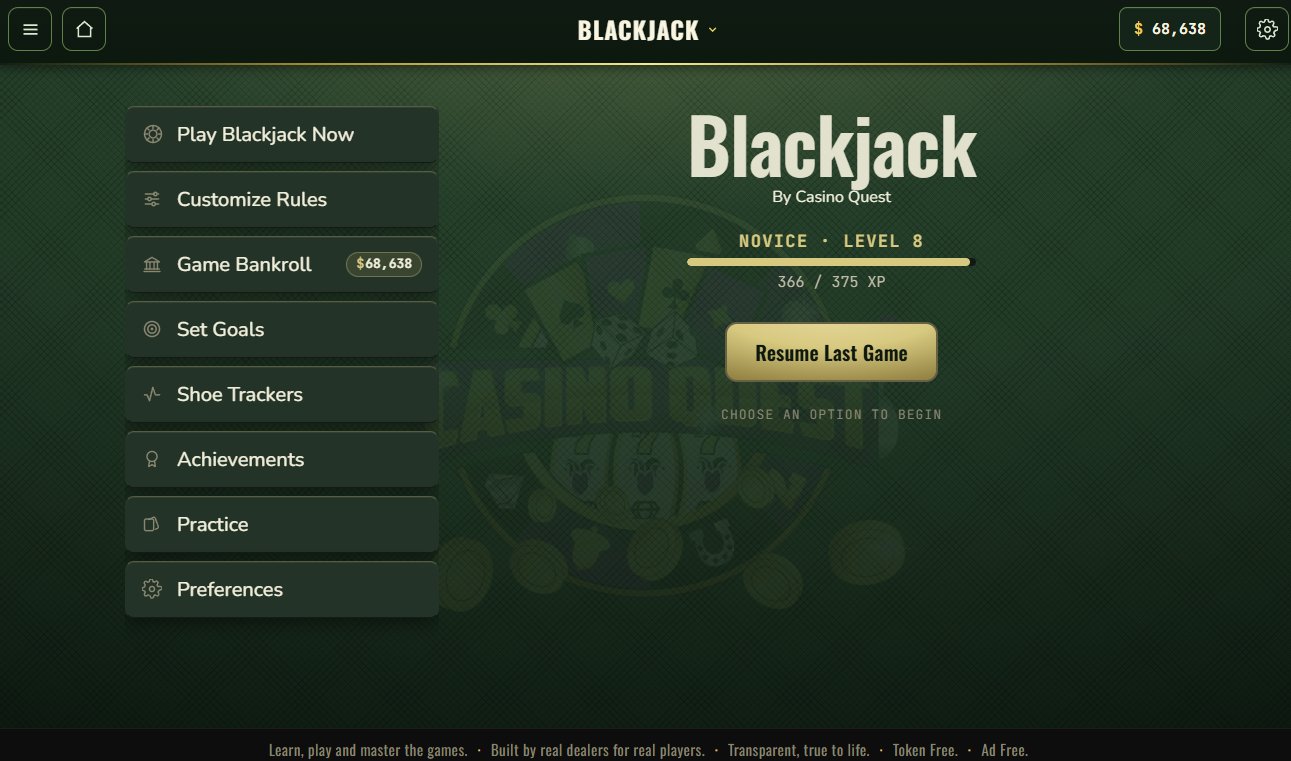 Blackjack menu - play now, customize rules, bankroll, goals, shoe trackers, achievements, practice