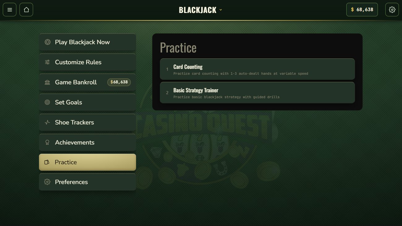Practice menu listing Card Counting and Basic Strategy Trainer
