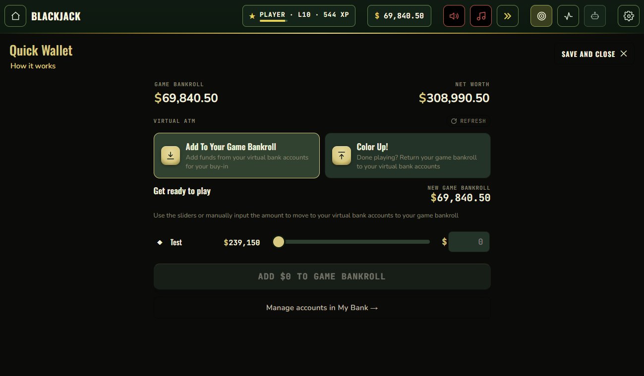 Quick Wallet - game bankroll, net worth, virtual ATM to add funds or colour up