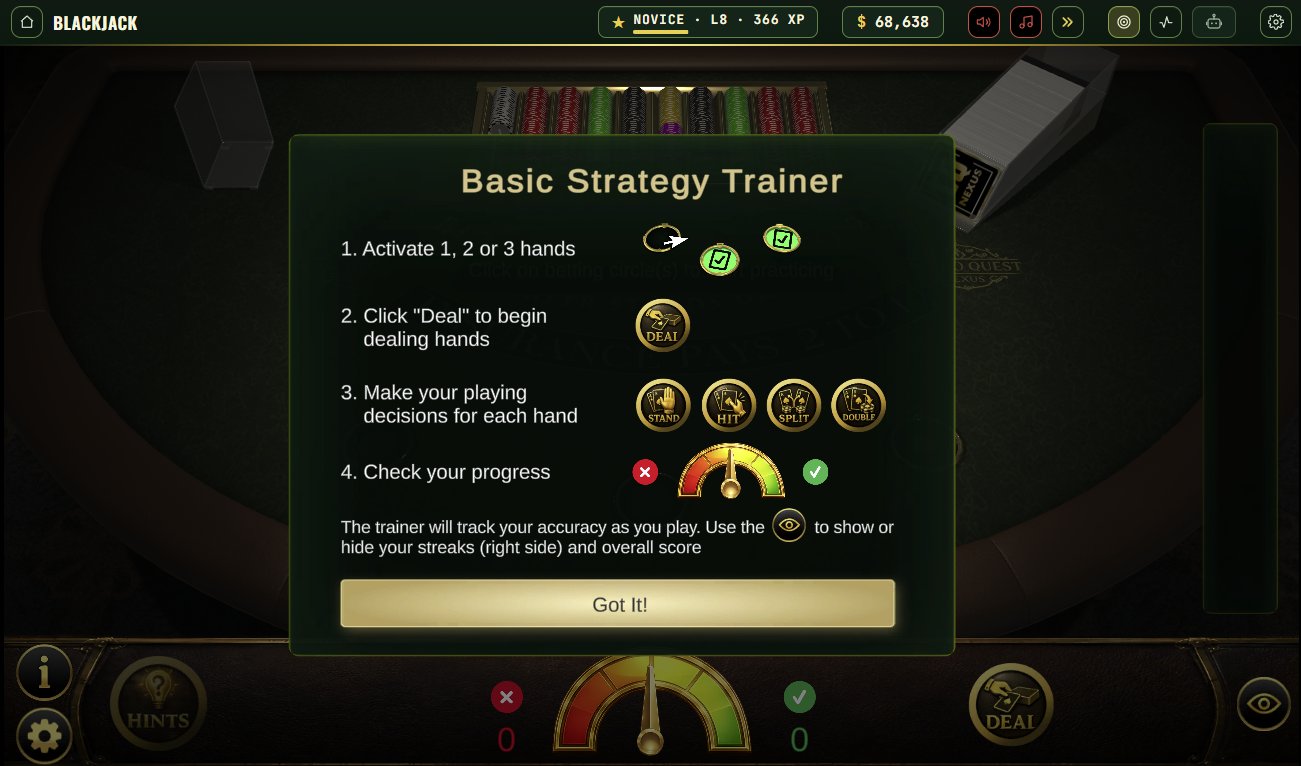 Basic Strategy Trainer instructions - activate hands, deal, make your decisions, check your progress