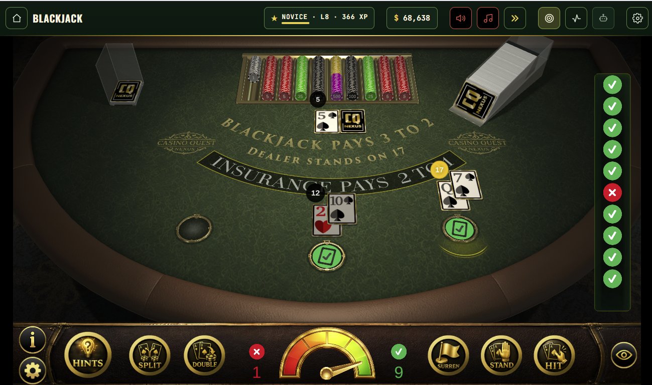 Basic Strategy Trainer running on three hands, with an accuracy gauge and a column of correct and incorrect calls