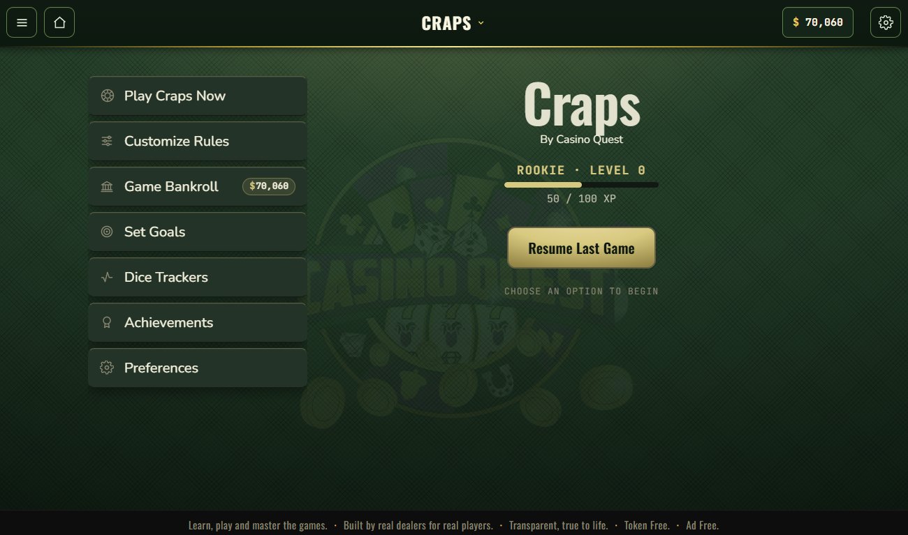 Craps menu - play now, customize rules, game bankroll, set goals, dice trackers, achievements, preferences