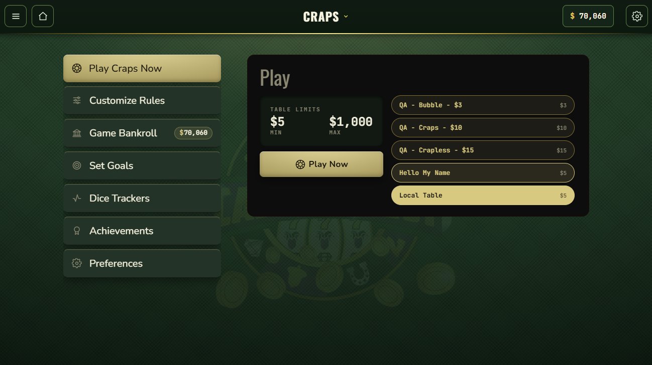 Play panel listing saved tables - QA Bubble at three dollars, QA Craps at ten, QA Crapless at fifteen