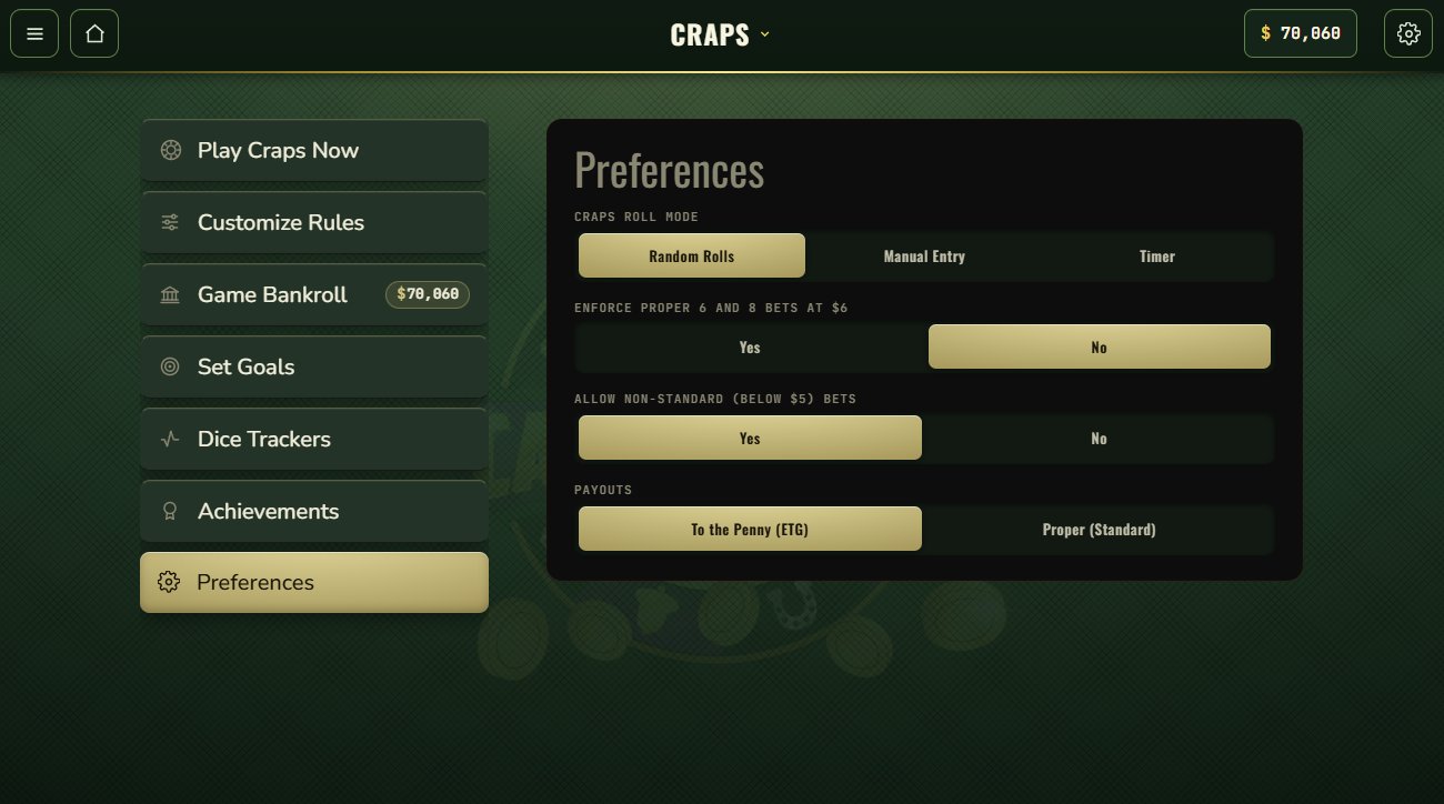 Preferences - roll mode random, manual entry or timer, and payouts to the penny or proper