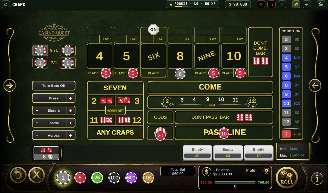 CQ Nexus Craps - bets down on the layout