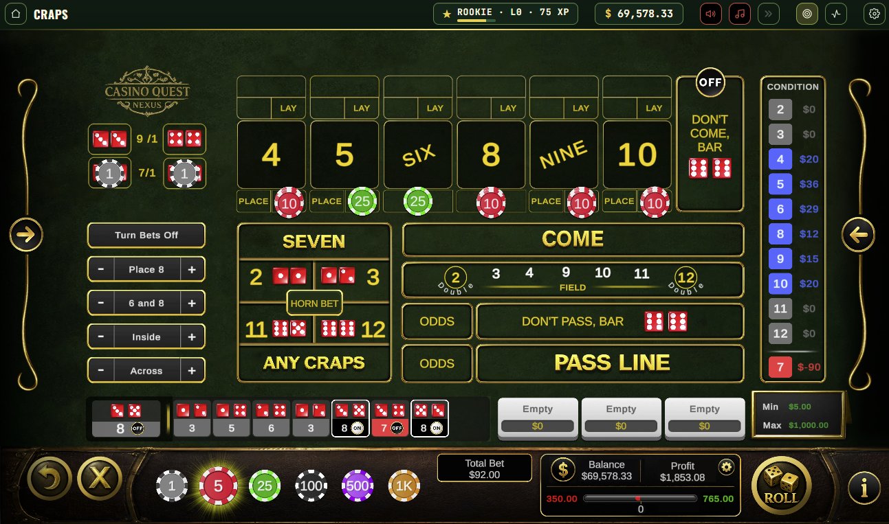 Craps layout with the puck off, place bets down across the numbers and the condition rail showing exposure