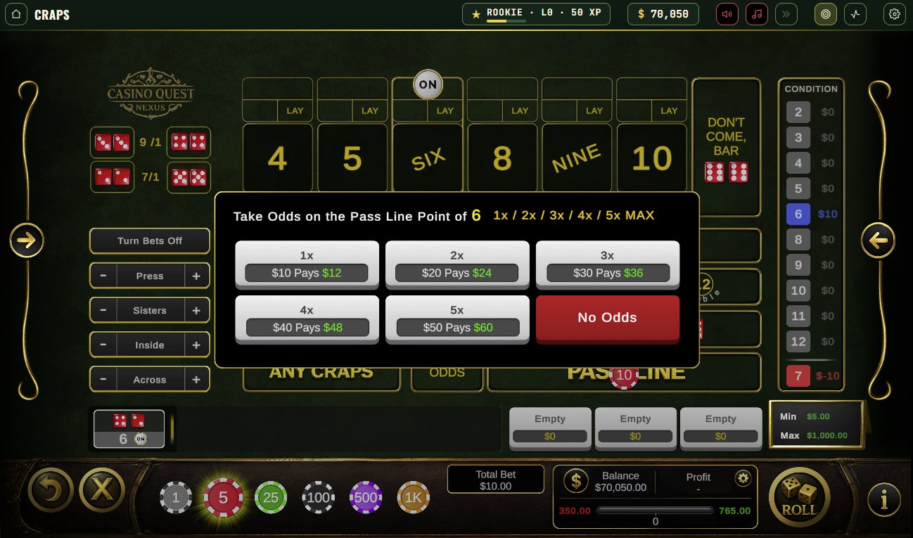 Take odds on the pass line point of six - one through five times odds, each showing the bet and the payout