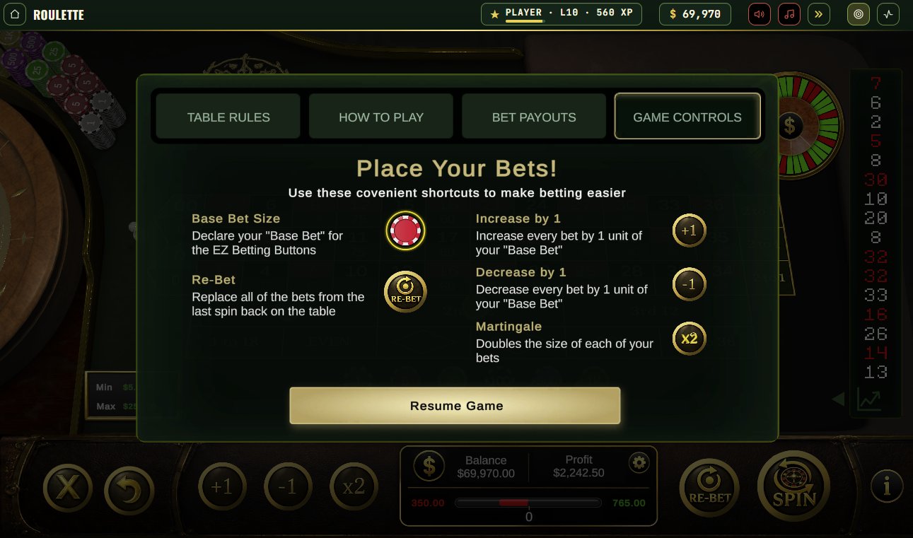 Game controls panel explaining base bet size, re-bet, increase by one, decrease by one and Martingale