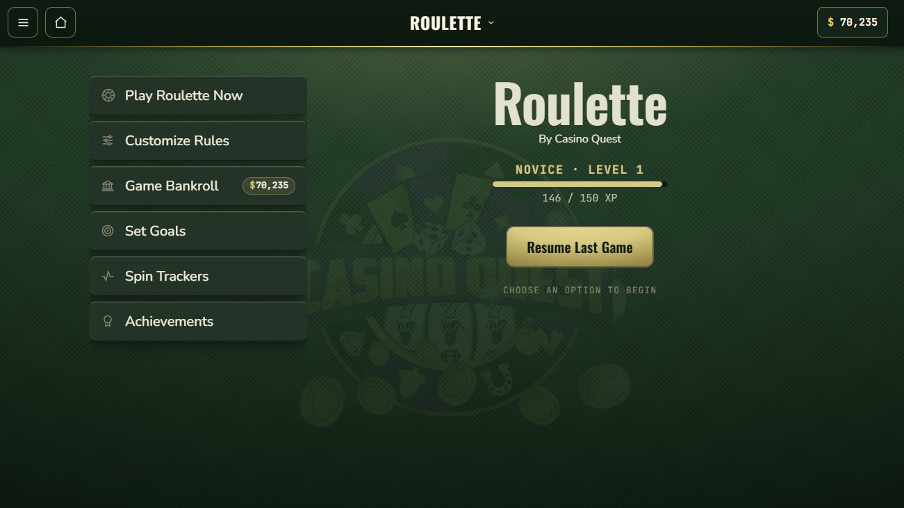 Roulette menu - play now, customize rules, game bankroll, set goals, spin trackers, achievements