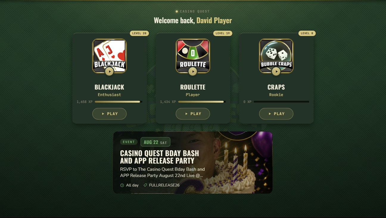 The CQ Nexus lobby showing Blackjack, Roulette and Craps with player level and XP