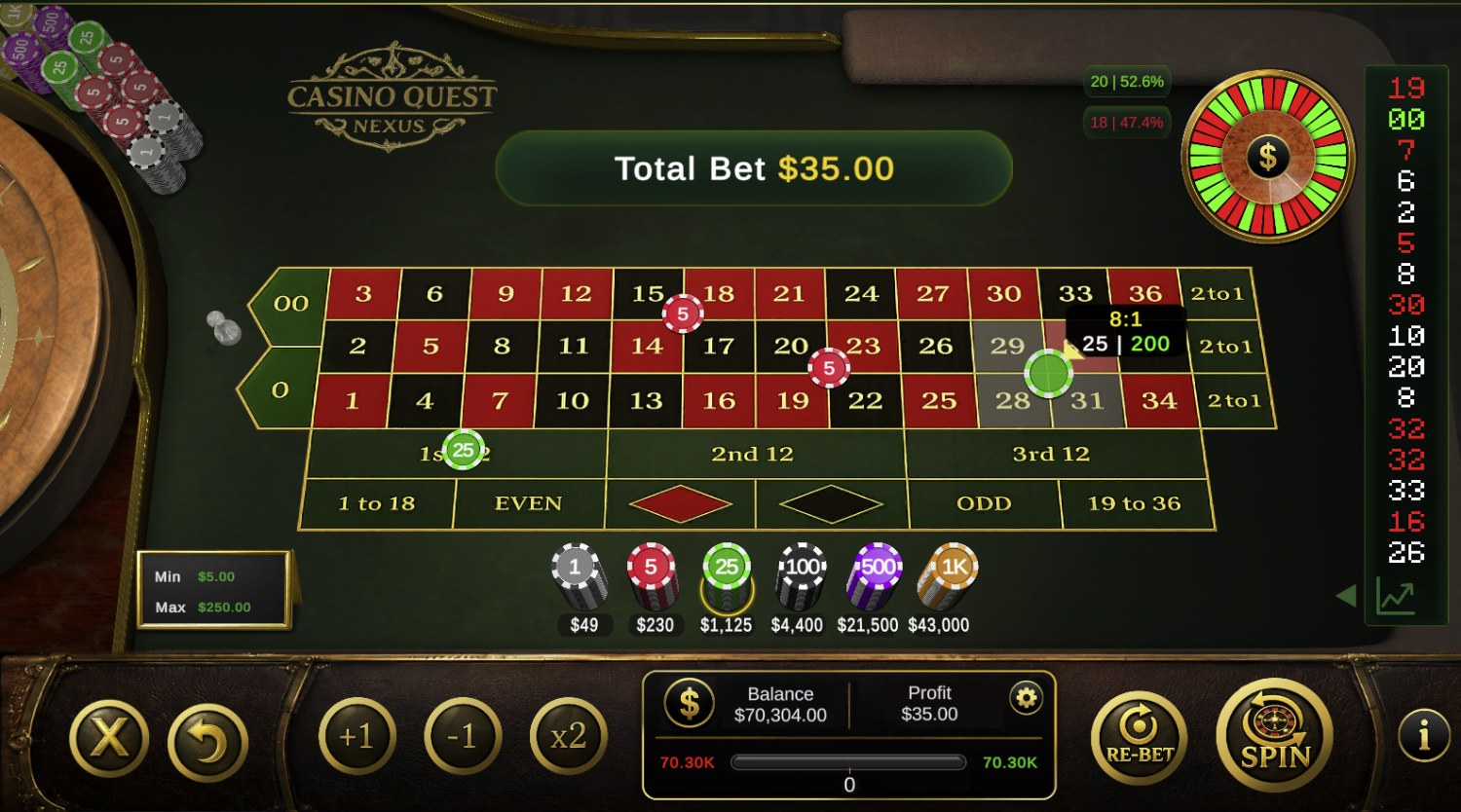 CQ Nexus roulette table with chips down, live payout odds and the spin history rail