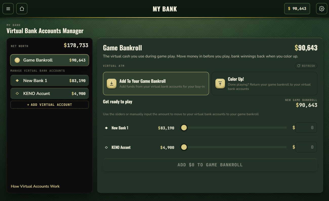 Virtual Bank Accounts Manager showing net worth, game bankroll and multiple virtual accounts
