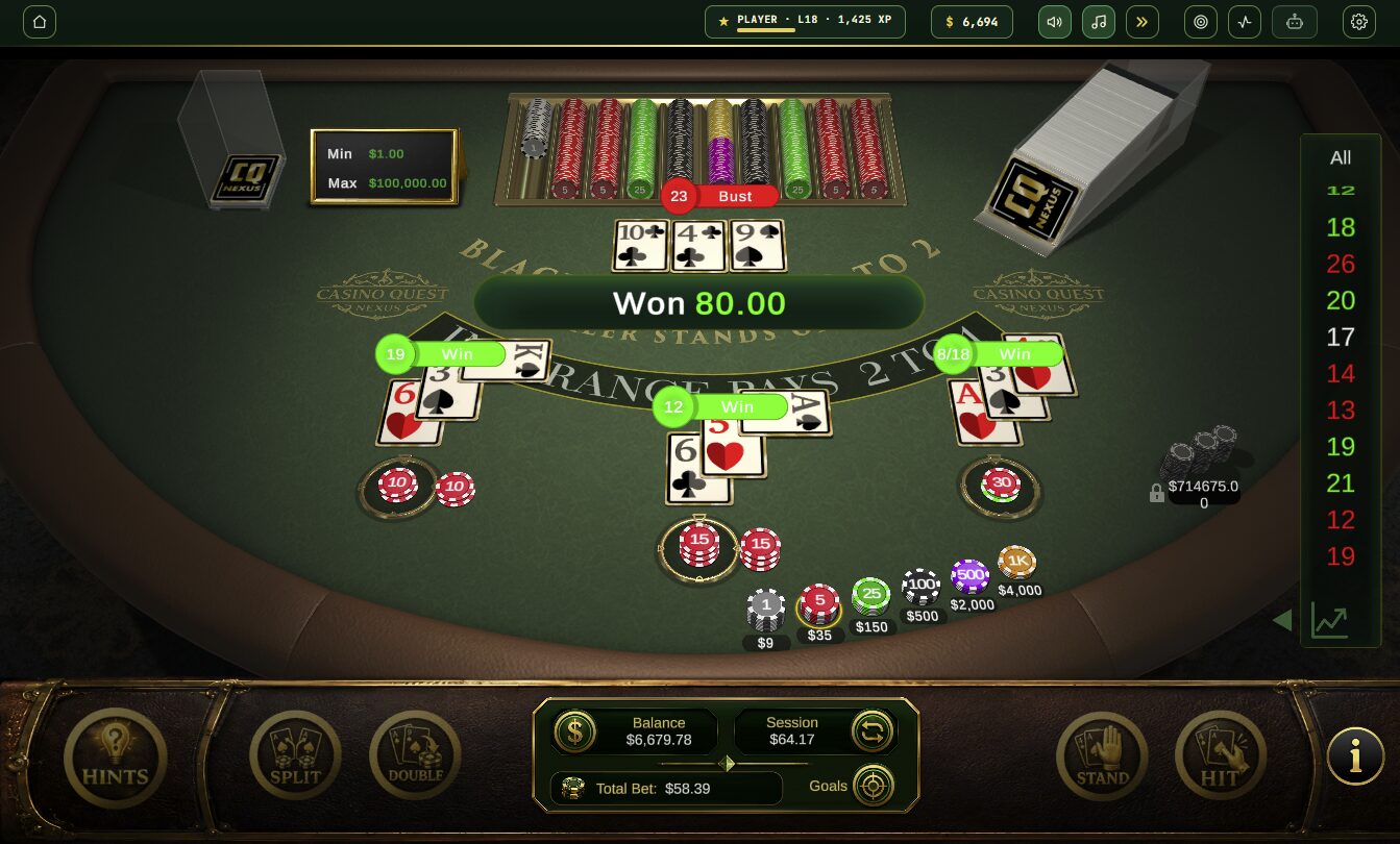 CQ Nexus blackjack table with three winning hands and the chip rack