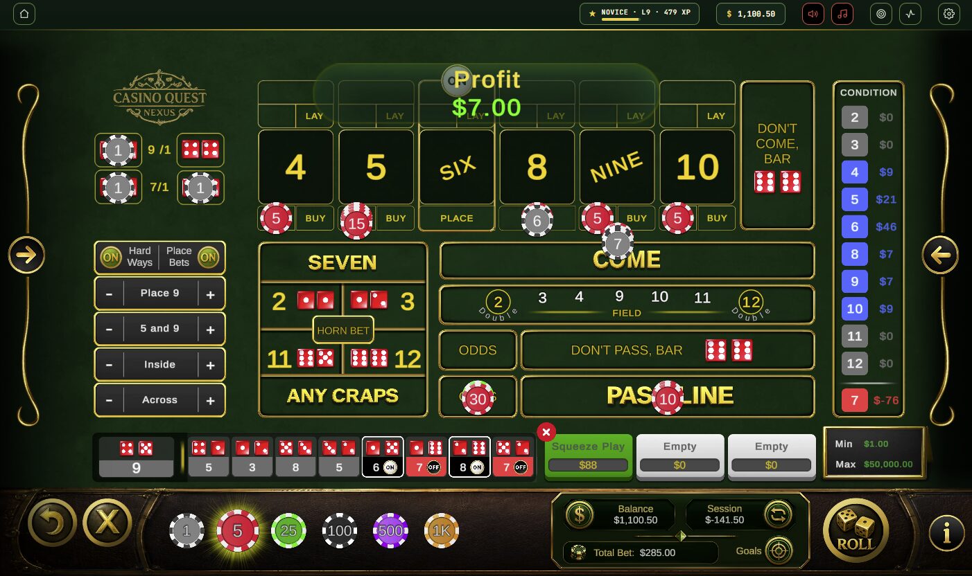 CQ Nexus craps table mid-roll with a point on and place bets working