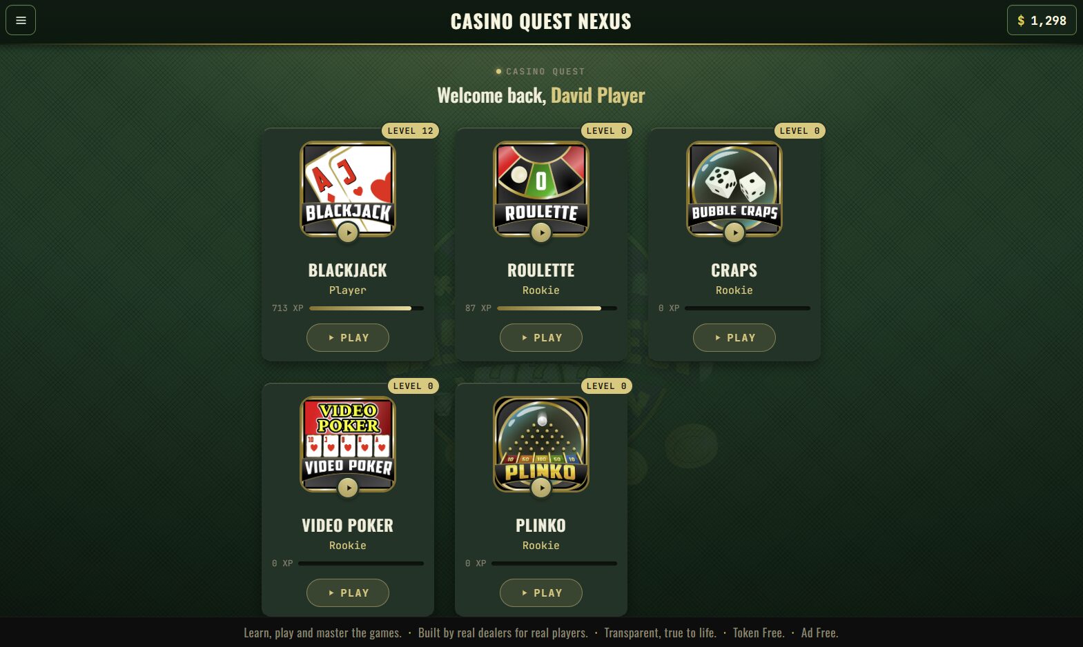 The CQ Nexus lobby showing Blackjack, Roulette, Craps, Video Poker and Plinko with player levels and XP
