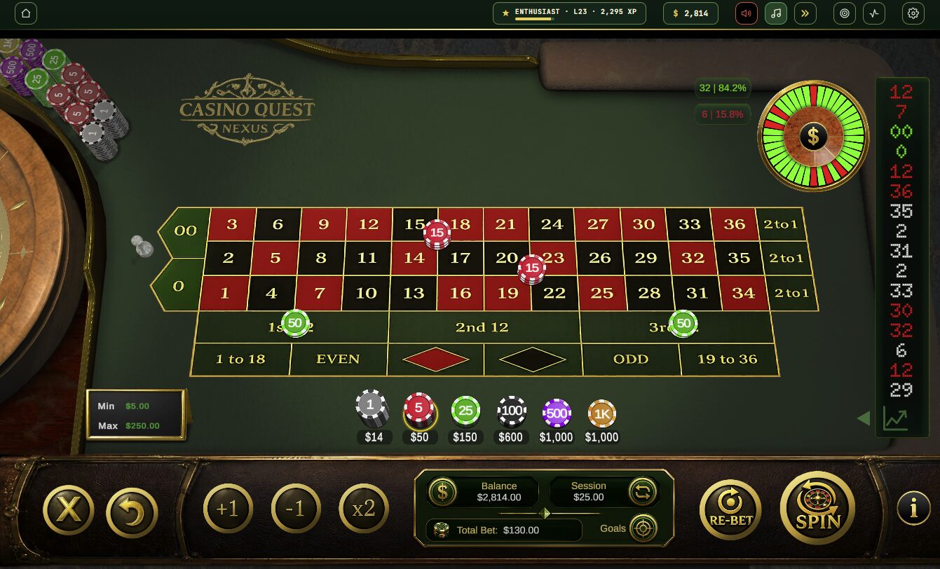 CQ Nexus roulette table with chips down, the wheel and the spin history rail