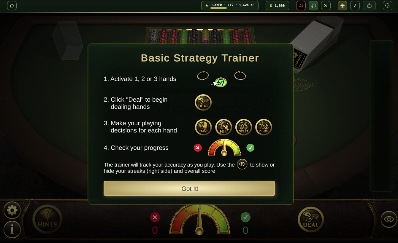 The Basic Strategy Trainer walkthrough on the blackjack table with the live accuracy meter