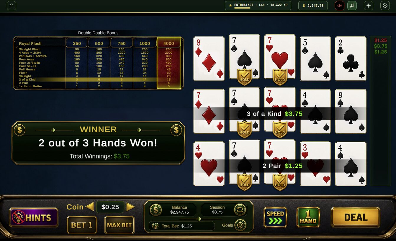 CQ Nexus Video Poker triple-hand win on the Double Double Bonus machine