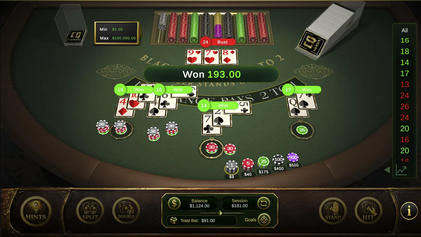 Split hands resolving across multiple positions with wins and losses marked