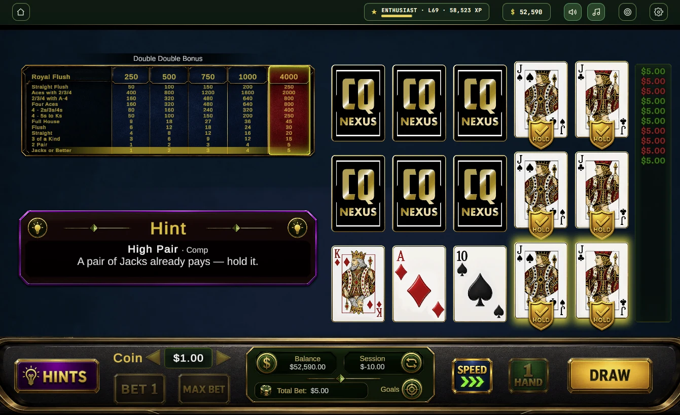 Dynamic hint on a 3-hand draw - a pair of Jacks held on every hand, tagged with the Comp play style