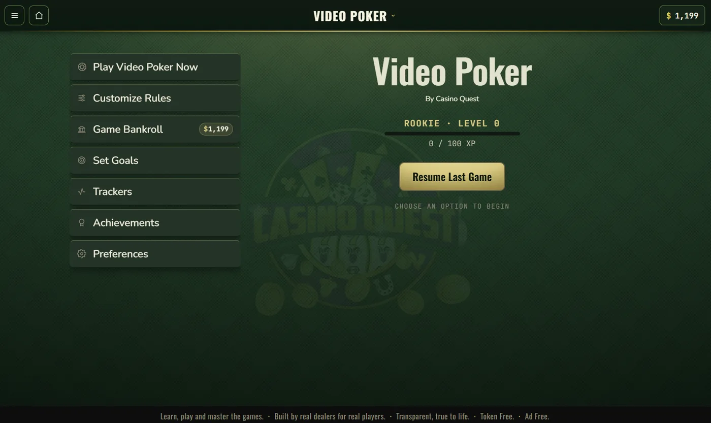 The Video Poker game home - bankroll, goals, trackers, achievements and your level