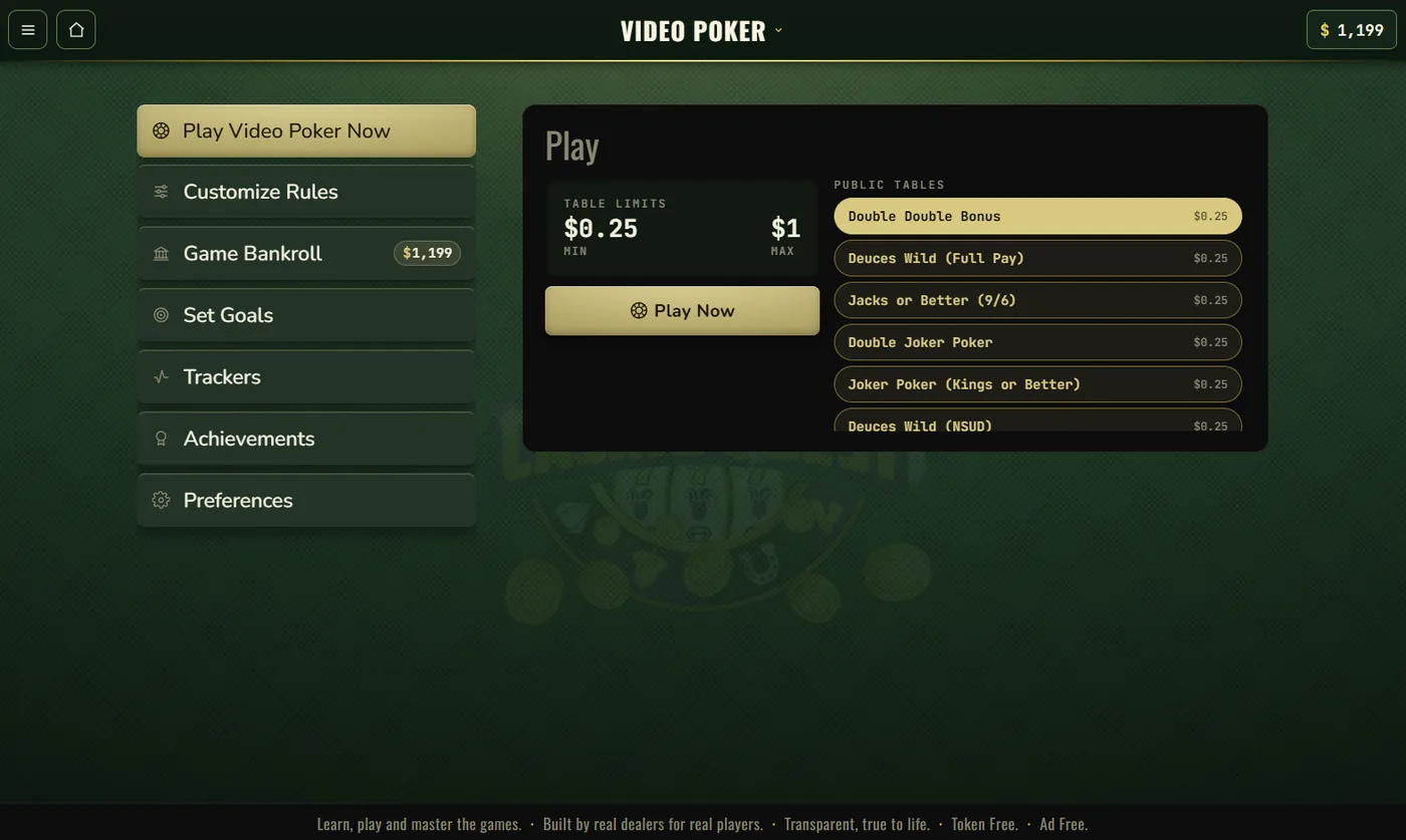 Video Poker game select showing the machine variations