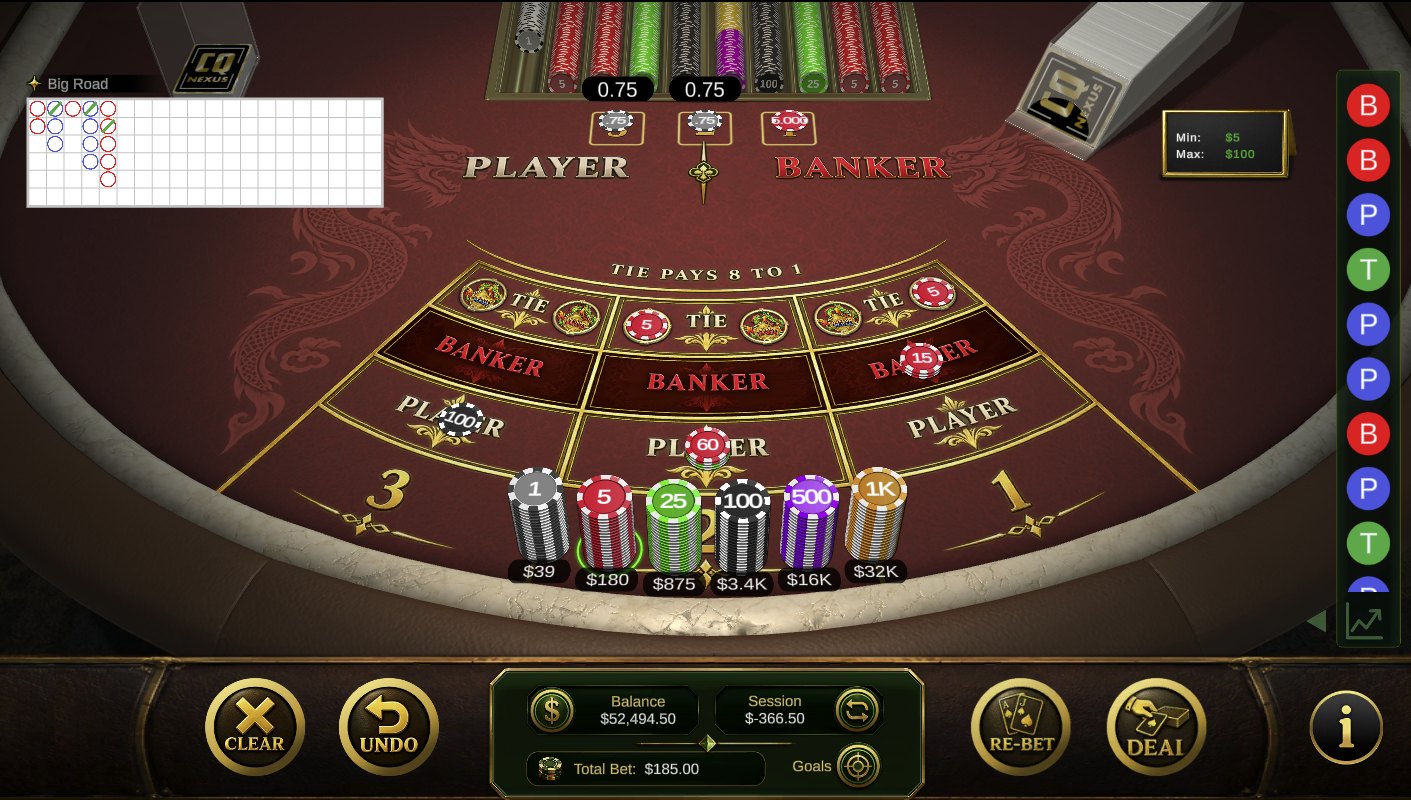 CQ Nexus baccarat table with Player, Banker and Tie bets down and the chip rack